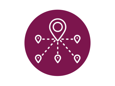 Kreis in Fucsia mit einem weißen Icon: Fünf Wegmarkierungspunkte sind über gestrichelte Linien mit einem großen Zielmarkierungspunkt verbunden