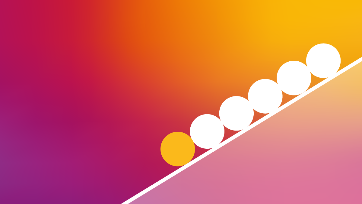 Grafik Resilienz: Eine Reihe von weißen Kugeln, die eine schräge Ebene herunterrollt, mit einer gelben Kugel am Anfang der Reihe