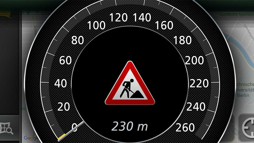 ASCT, News: 5GAA Demo Fahrzeugdisplay mit Baustellenwarnung