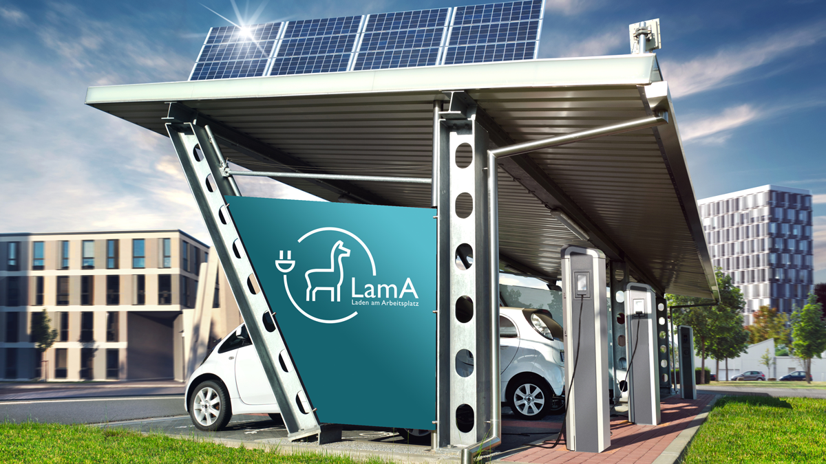 ASCT, News: Laden am Arbeitsplatz Große Solartankstelle Carport mit Elektroauto in Stadt