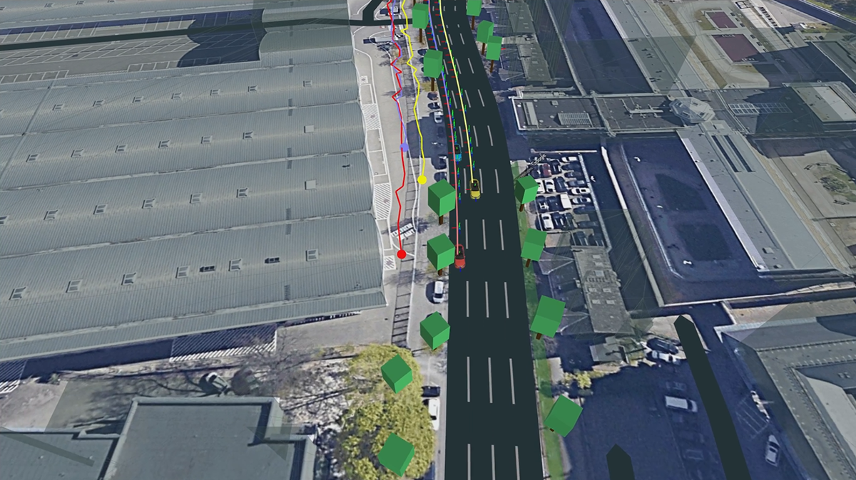 Visualisierung der verbesserten Lokalisierung mit LaaS: Die Positionierungen befinden sich zunächst neben dem fahrbaren Bereich und werden durch LaaS korrekt auf der Fahrbahn verortet.