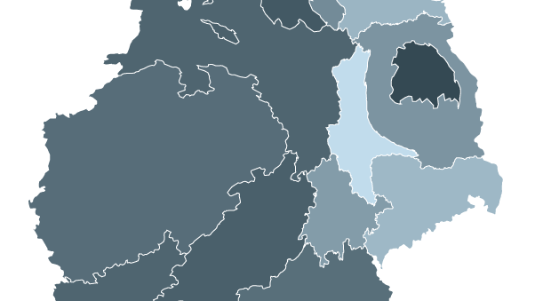 DPS, ÖFIT, News: Deutschlandindex der Digitalisierung Grafische Darstellung der Deutschlandkarte mit unterschiedlich eingefärbten Bundesländern in Abhängigkeit von der Internetnutzung der Einwohner 2019