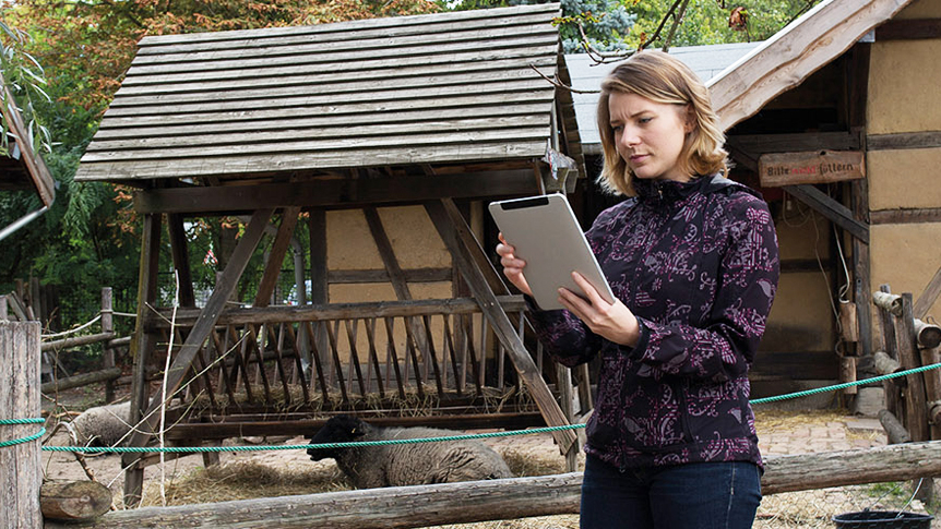DPS, News: Digitales Ehrenamt Eine Frau steht mit einem Tablet in einem Streichelzoo