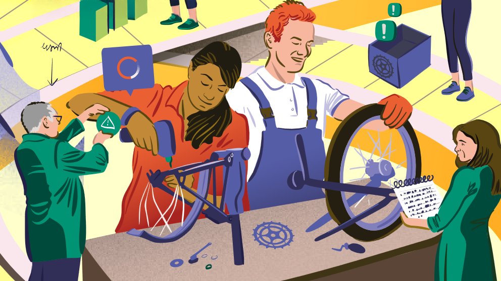 DPS, ÖFIT, News, Publikationen: Good Practices störungsresilienter, menschzentrierter Technikgestaltung KI-generierte Illustation einer Fahrrad-Werkstatt