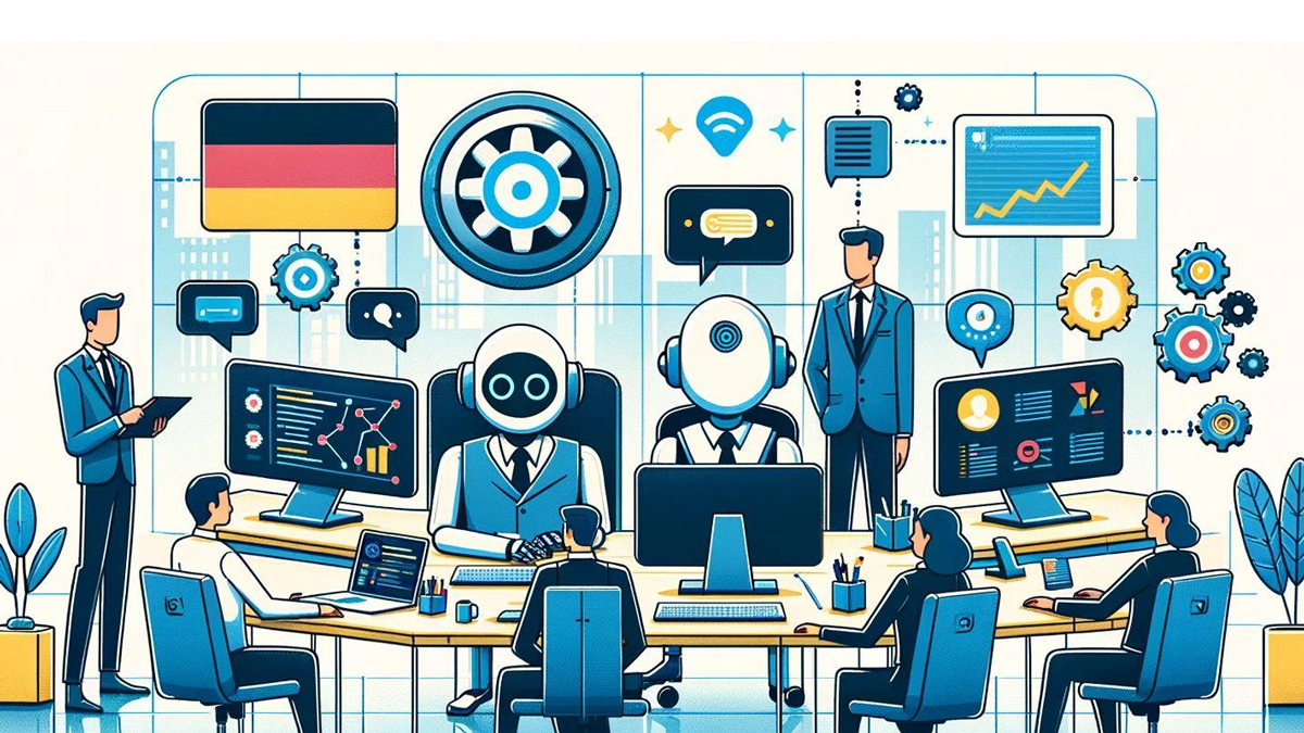 KI-generiertes Bild eines abstrakten Verwaltungsbüros in dem Menschen und humanoide Roboter an Computern arbeiten 