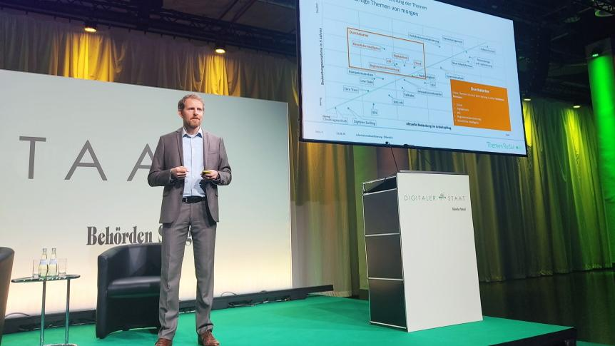 DPS, News: digitale Verwaltungstrends 2024 Geschäftsbereichsleiter Dr. Jens Klessmann bei einem Vortrag auf der Konferenz Digitaler Staat