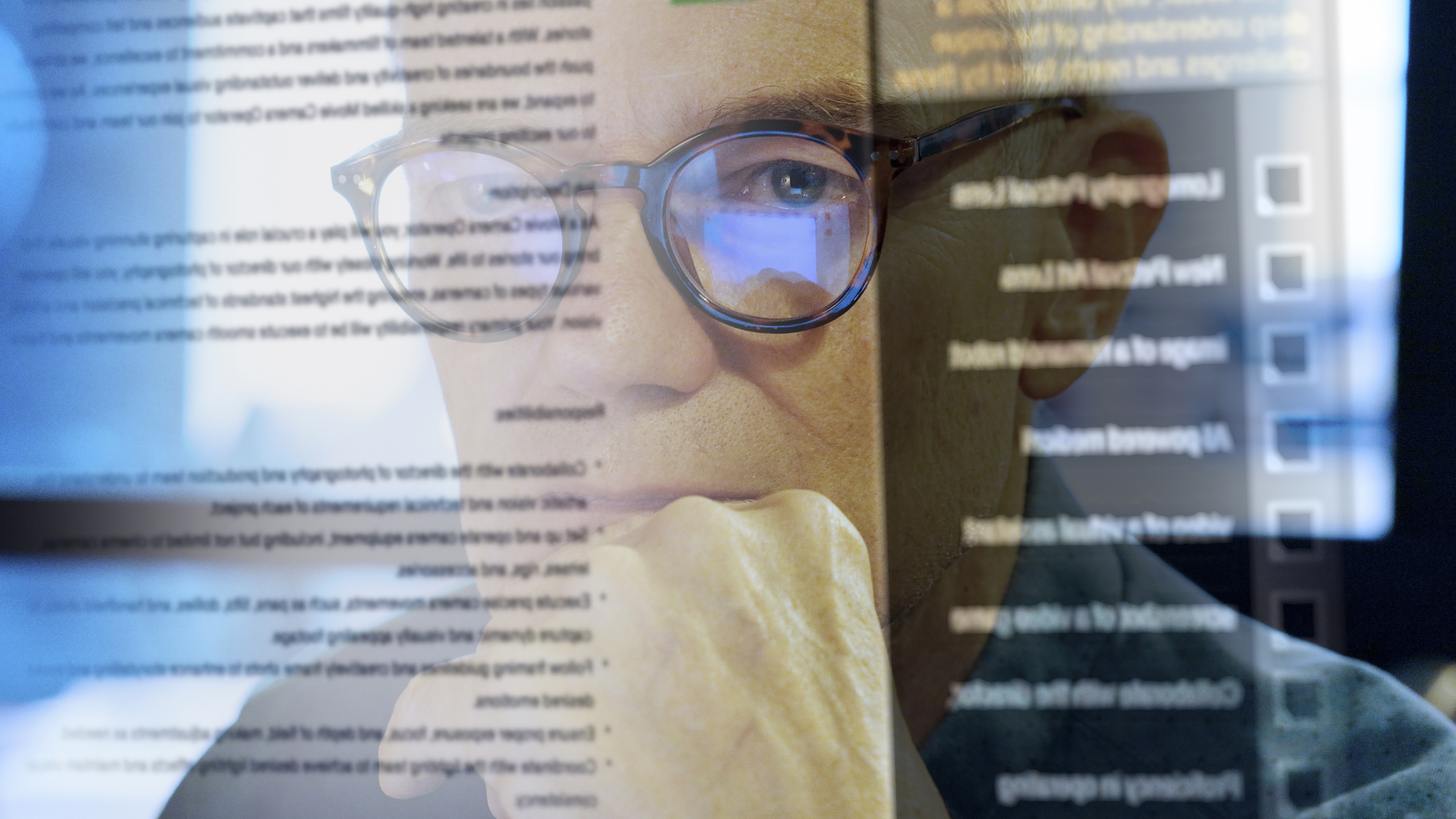 DPS, Projekte: MIA Stock close-up photo showing a mature manâ s face looking into a see-through screen as type is being added to the screen by an Artificial intelligence, AI, chatbot.