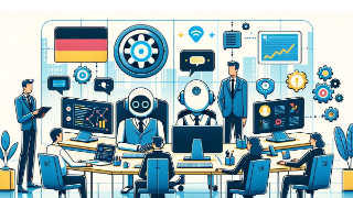 KI-generiertes Bild eines abstrakten Verwaltungsbüros in dem Menschen und humanoide Roboter an Computern arbeiten 