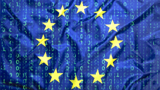 Data protection, binary code with European Union flag