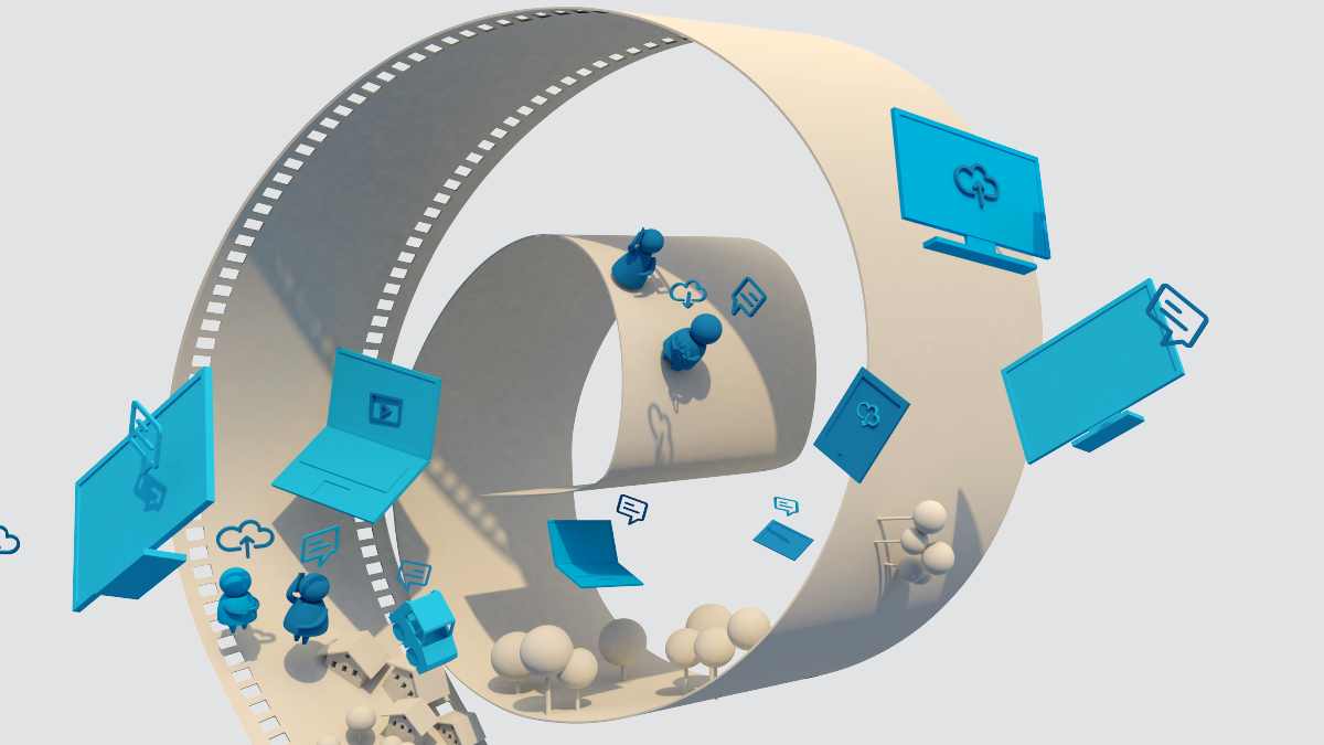 Key Visual des MWS 2015: Filmrolle umgeben von Bildschirmen, Laptops, Smartphones