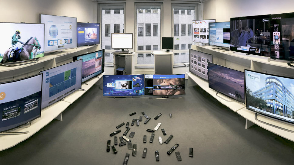 Picture of the Fraunhofer FOKUS TV Lab 2015 with different TV screens showing applications developed by our researchers
