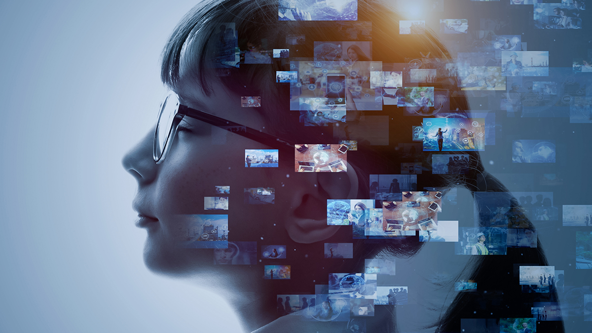 Connected Media symbol: Girl with glasses in side profile, layer of different transparent TV screens  in front of her