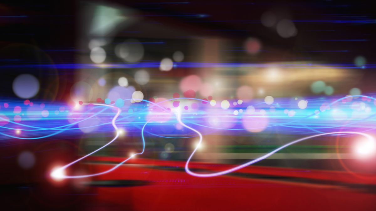 Abstrakte Lichtstreifen und -punkte in Blau, Rot und Weiß