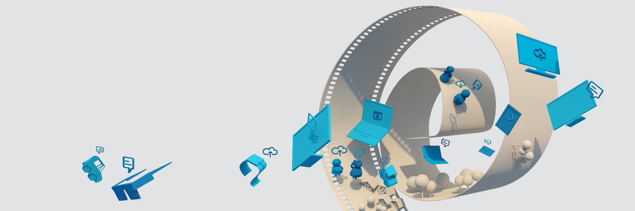 Key Visual des MWS 2015: Filmrolle umgeben von Bildschirmen, Laptops, Smartphones