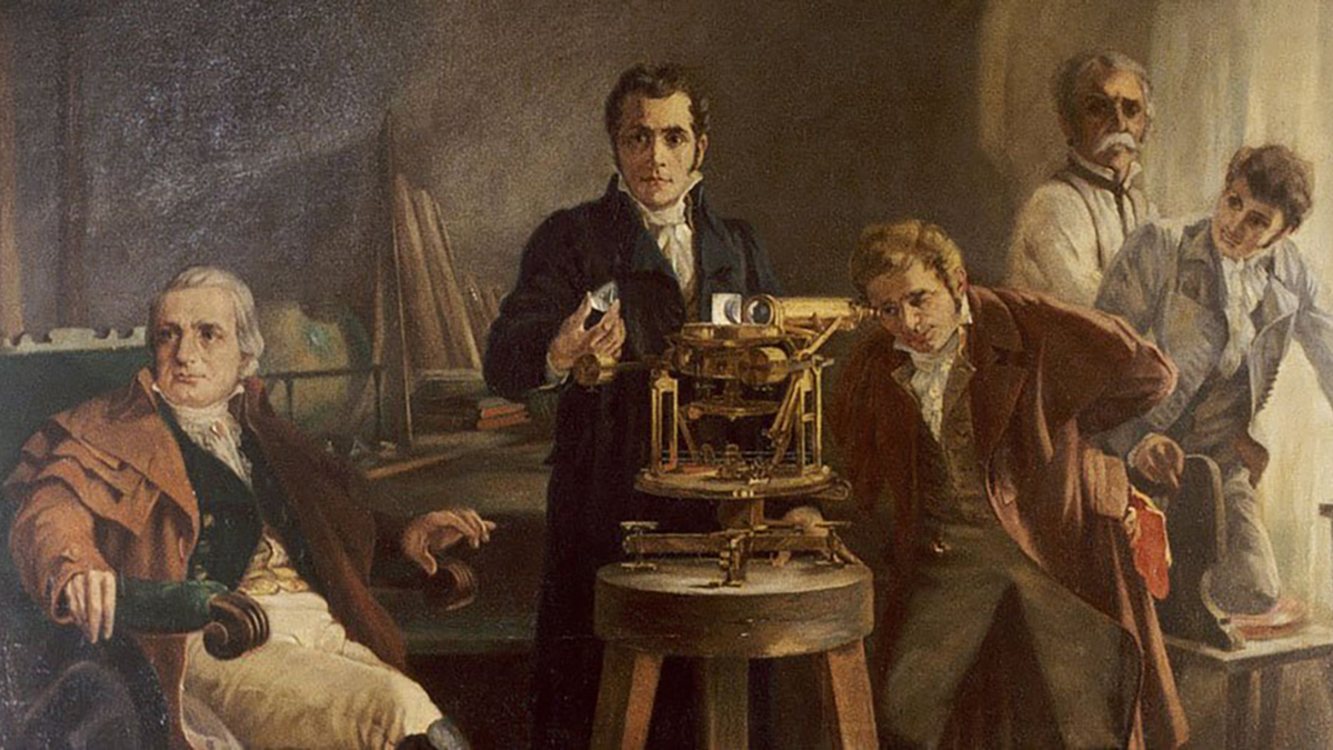 Joseph von Fraunhofer demonstriert Joseph von Utzschneider, Georg Reichenbach und Georg Merz das Spektrometer.