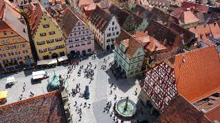 View of the main square from town hall tower in Rothenburg ob der Tauber