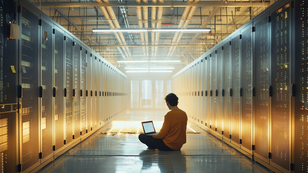 ESPRI, Projekt, Vorschaubild: ELITE AI generated image of a server room filled with yellow light a person with a laptop sitting between the servers on the floor