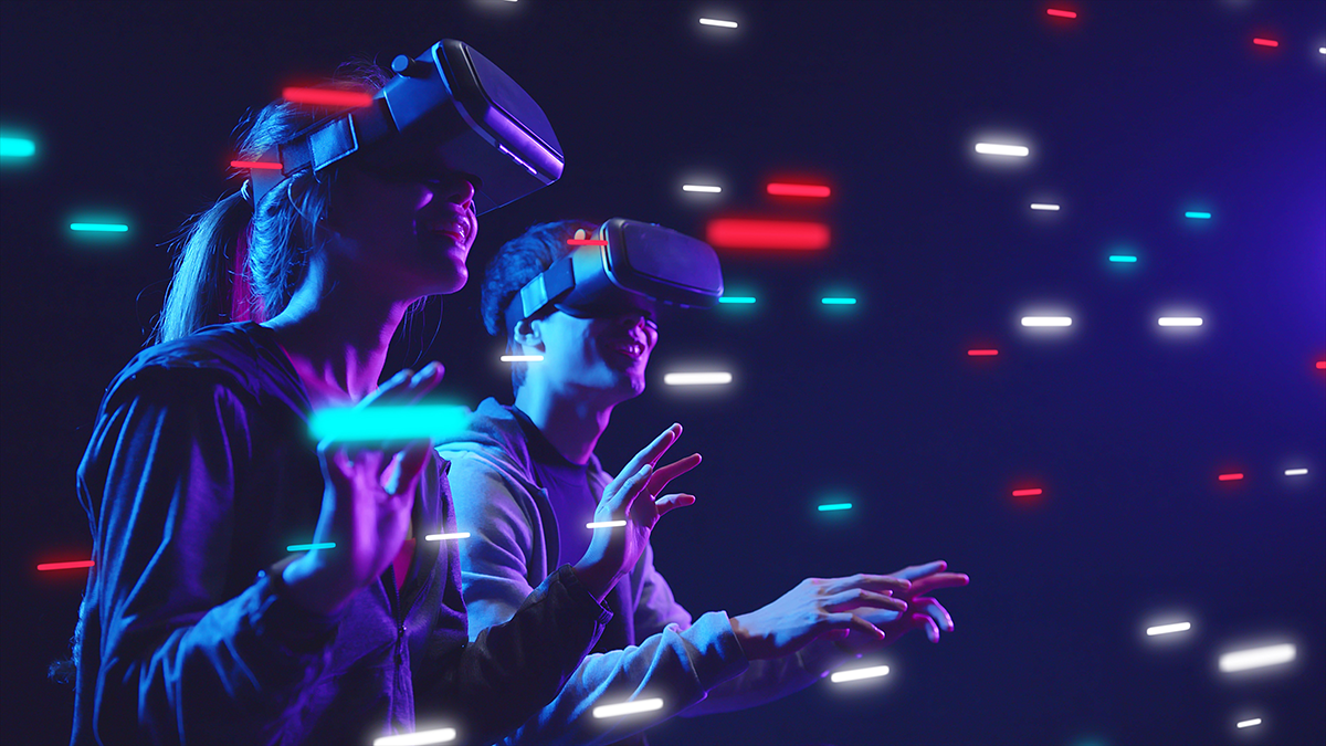 Metaverse VR virtual reality game playing, man and woman play metaverse virtual digital technology game control with VR goggle
