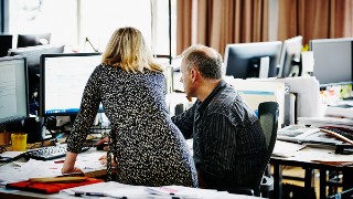 Businesswoman leaning on desk in office discussing project on computer with coworker