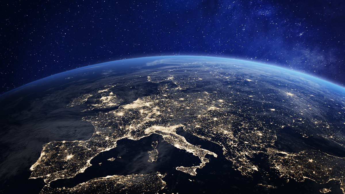 FOKUS, News: Eclipse Foundation Europe at night viewed from space with city lights showing human activity in Germany, France, Spain, Italy and other countries, 3d rendering of planet Earth, elements from NASA