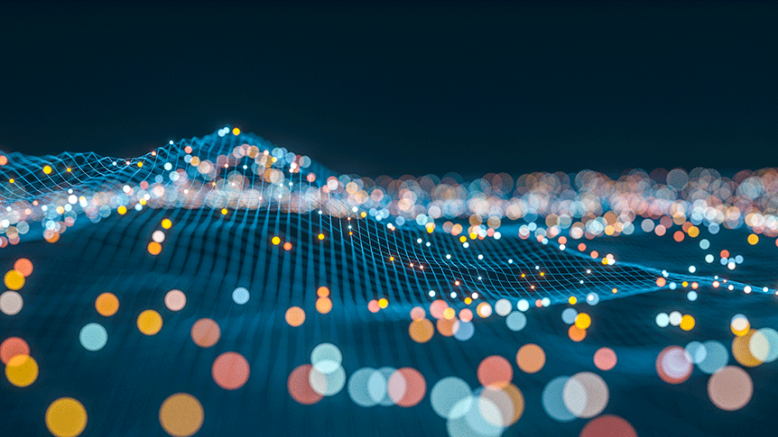NGNI, News: 6G-Hubs für Deutschland Abstrakte blaue Netzsrtukturen mit bunten Lichtreflexionen