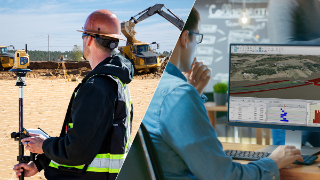 Bild mit zwei Personen: Eine Person mit Messgerät auf einer Baustelle, eine Person am Computer, die sich eine 3D-Karte der Baustelle ansieht