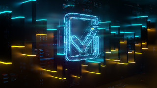 Digital check mark icon on future tech background. Productivity and rating evolution. Futuristic checkmark icon and digital chart in world of technological progress and innovation. CGI 3D render