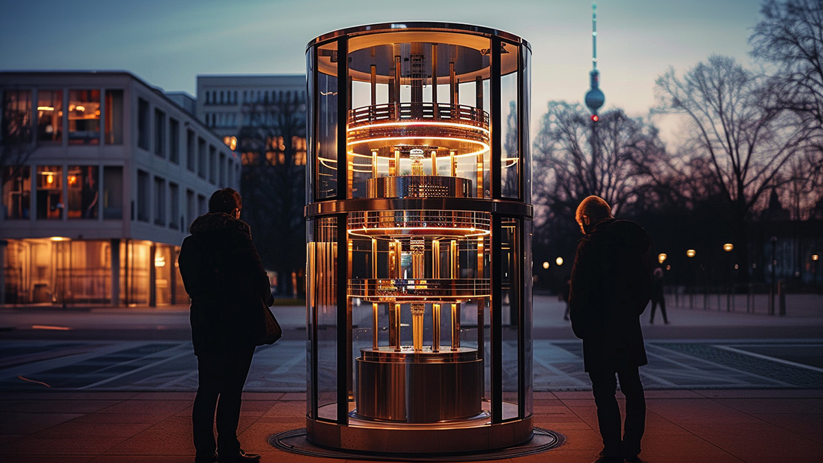 AI-generiert: Zwei Personen betrachten einen Quantencomputer auf einem Marktplatz bei Dämmerung, im Hintergrund der Berliner Fernsehturm