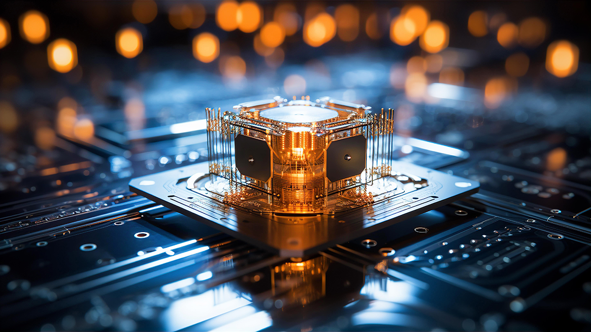 Quantum chip, part of quantum computer. How quantum technology may look-like. Technology and science concept image