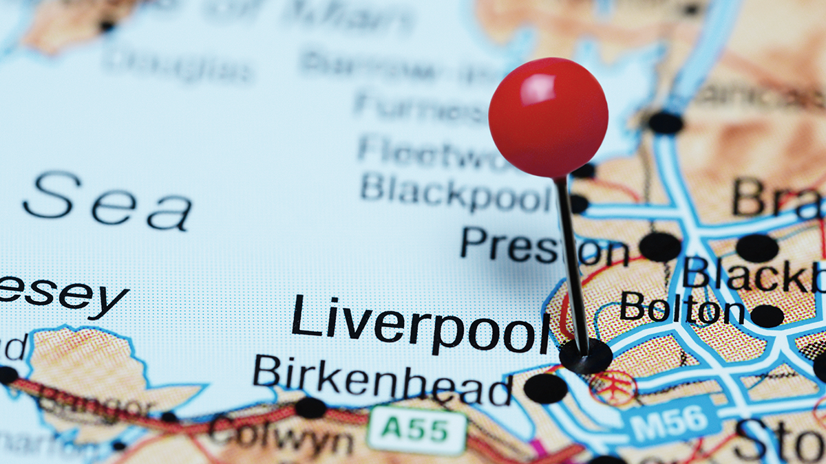 SQC, News: Smart City Liverpool Ein Kartenausschnitt bei dem Liverpool hervorgehoben wird durch eine rote Stecknadel