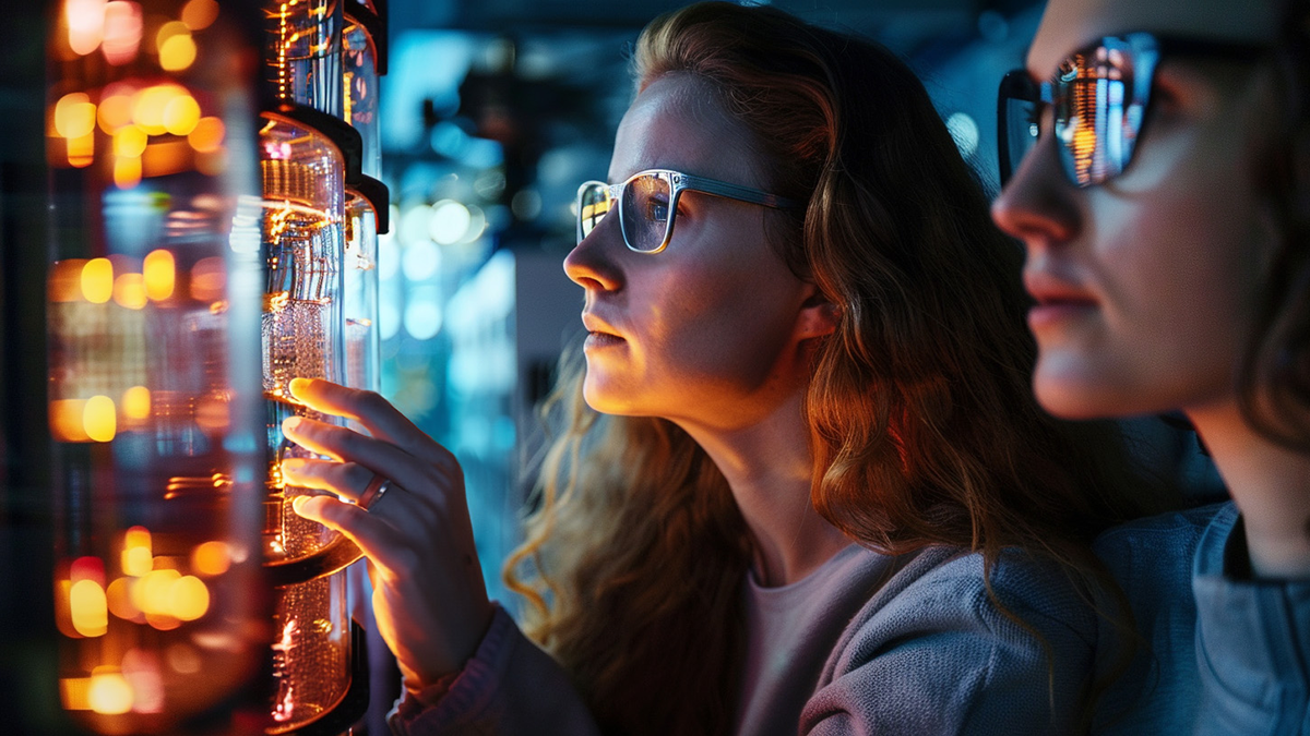 SQC, Event: Thinq Qrisp Community Kick-Off AI-generiert: Zwei Frauen mit Brille betrachten einen schwach beleuchteten Quantencomputer