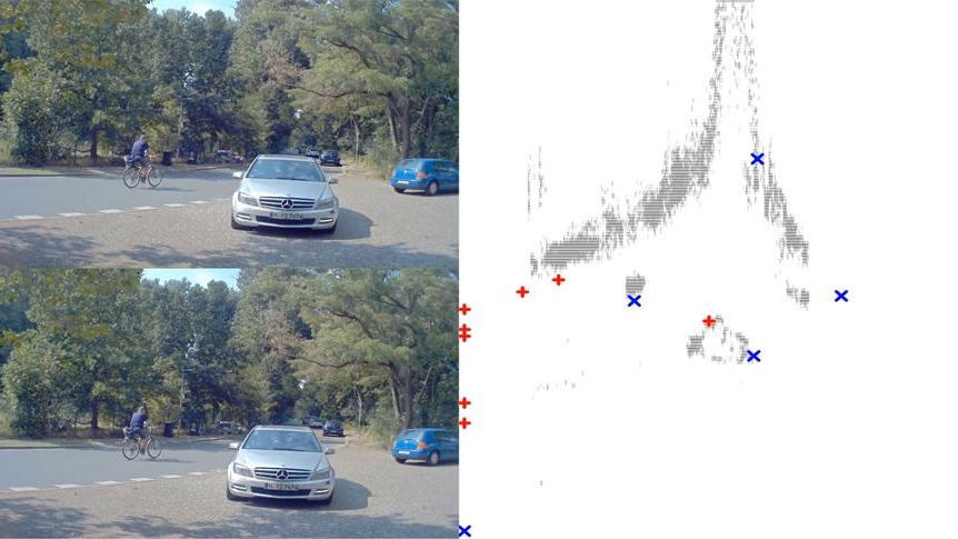 Screenshot aus einem Projektvideo, das die von den Kameras und Sensoren erfassten Daten am Beispiel mehrer Fahrzeuge und eines Radfahrers zeigt.