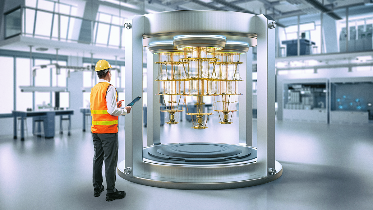 Quantum engineering technology with engineer develop quantum computer machine in shield capsule 