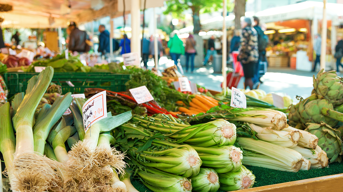 Vegetable on market stall on the famous Munich Viktualienmarkt in the centre of Munich, Germany