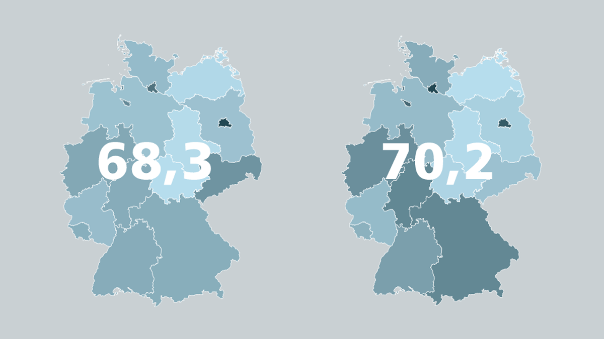 DPS, News: Deutschlandindex Digitalisierung 2021 Zwei Deutschlandkarten mit verschieden eingefärbten Bundesländern auf grauem Hintergrund