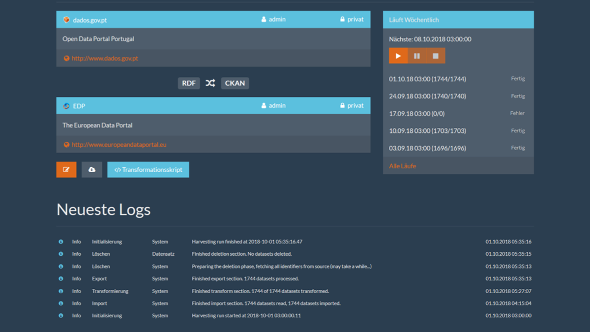 Piveau Datenharvester, Screenshot