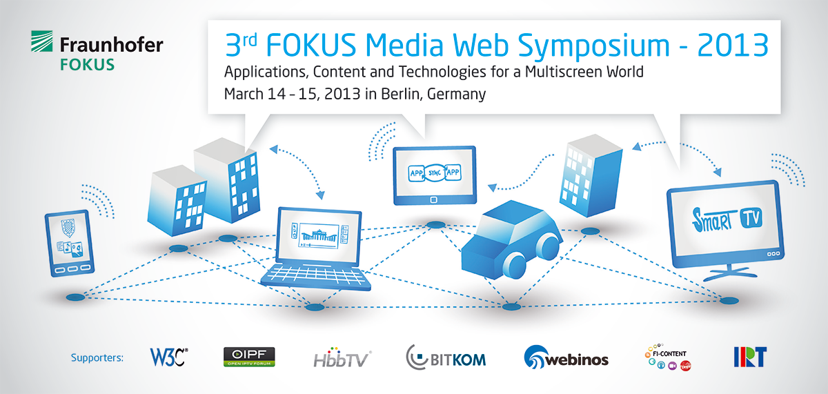 MWS 2013 Flyer: Netzstruktur mit verschiedenen Geräten, Logo Fraunhofer FOKUS, Sprechblase: 3rd FOKUS Media Web Symposium - 2013, Applications, Content and Technologies for a Multiscreen World, March 14-15, 2013 in Berlin, Germany