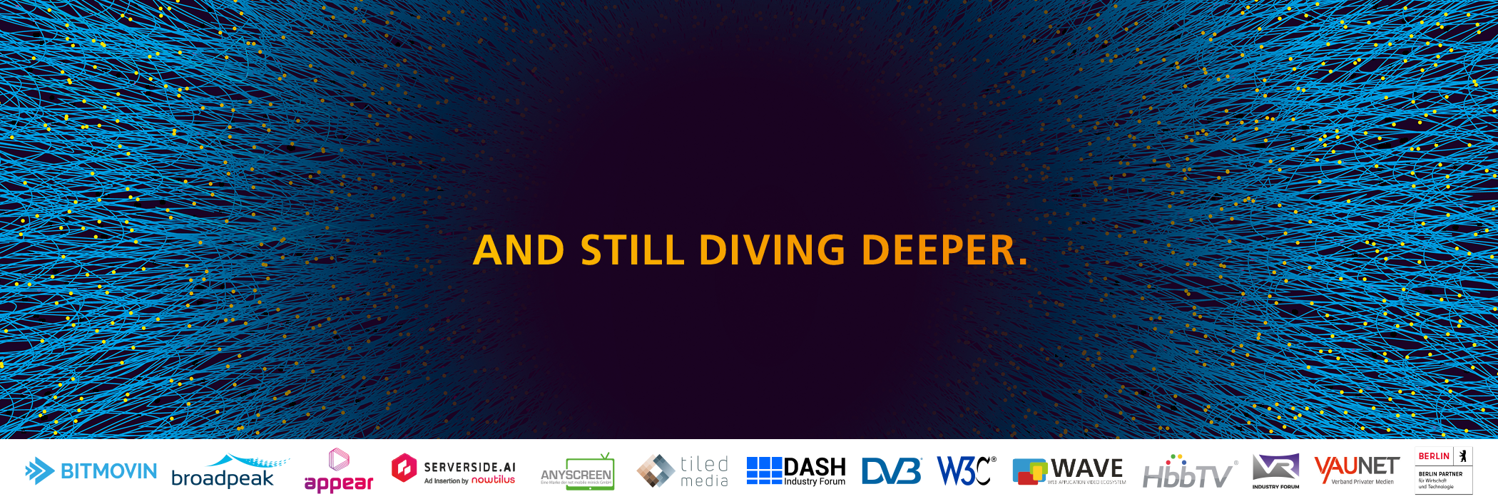 Headerbild des MWS 2022: Gelbe Punkte und hellblaue Linien, die in einem dunkelblauen Zentrum zusammenlaufen mit Schriftzug "And still diving deeper"