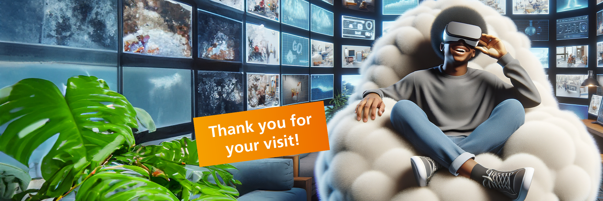 Headerbild des MWS 2024: KI-generiertes Bild: Person mit VR-Brille sitzt in einem Raum voller Bildschirme und Zimmerpflanzen in einem Wolkensessel. Sprechblase in Orange: Thank you for your visit!