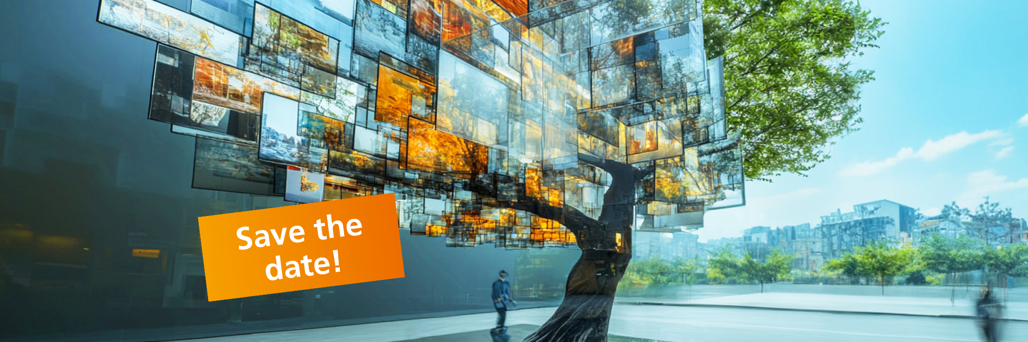 Vorschaubild des MWS 2025: KI-generiertes Bild: Baum mit vielen verschiedenen Bildschirmen, Sprechblase in Orange: Save the Date