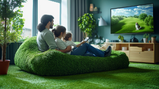 An AI-generated image of a family sitting on a small green sofa in front of the TV