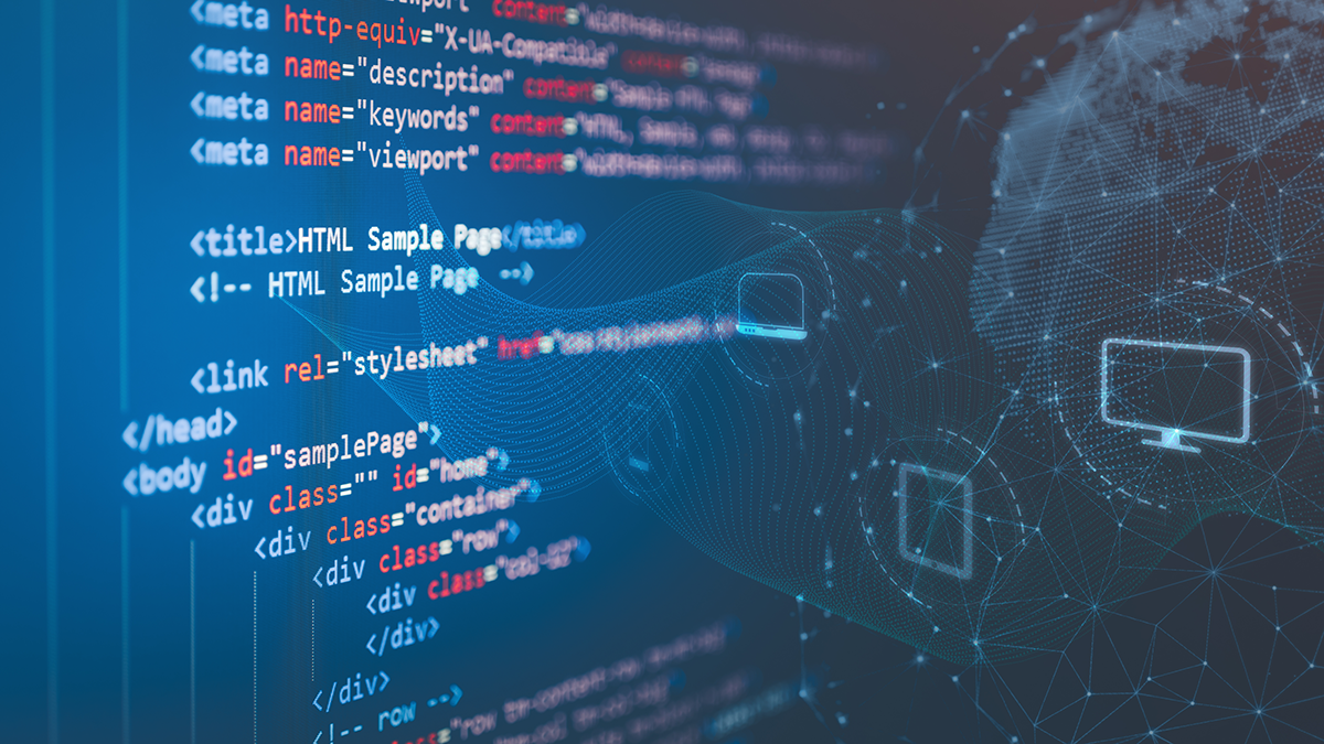 HTML code on computer monitor with Global Network Connection background. HTML5 source code, Web language programming, Computer courses, Training, Learning HTML, Website technology internet concept.