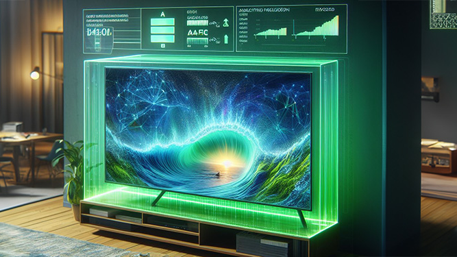 FAME, Vorschaubild, Solution: Green Streaming, GreenView AI generated image of a TV surrounded by a green glowing hologram of charts and statistics