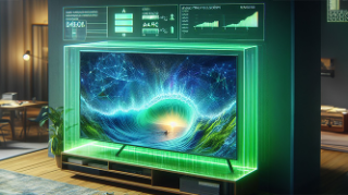 AI generated image of a TV surrounded by a green glowing hologram of charts and statistics