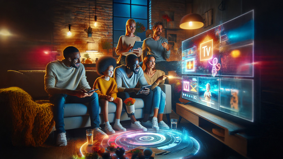AI generated image of a group of people in a modern loft playing games on a futuristic hologram gaming console
