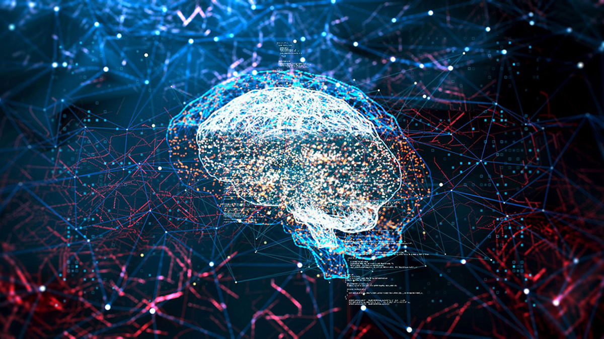 Hologram of a brain with abstract lines symbolising a network