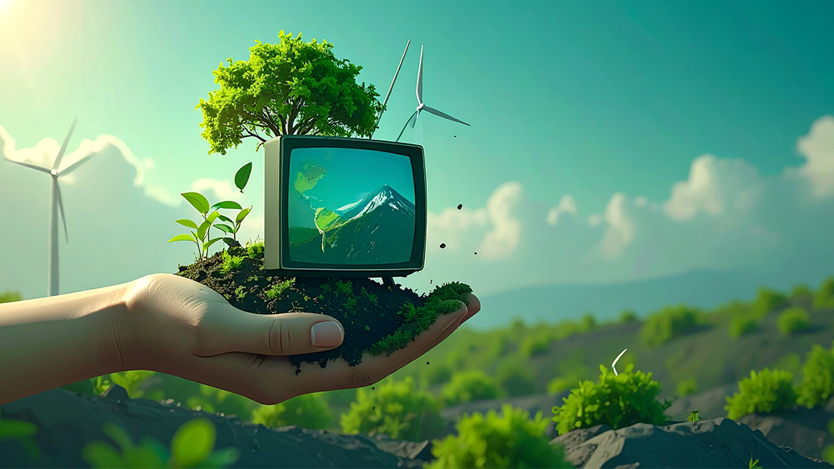 AI-generated image of a hand holding a minature TV and a tree, a green landscape with wind turbines in the background
