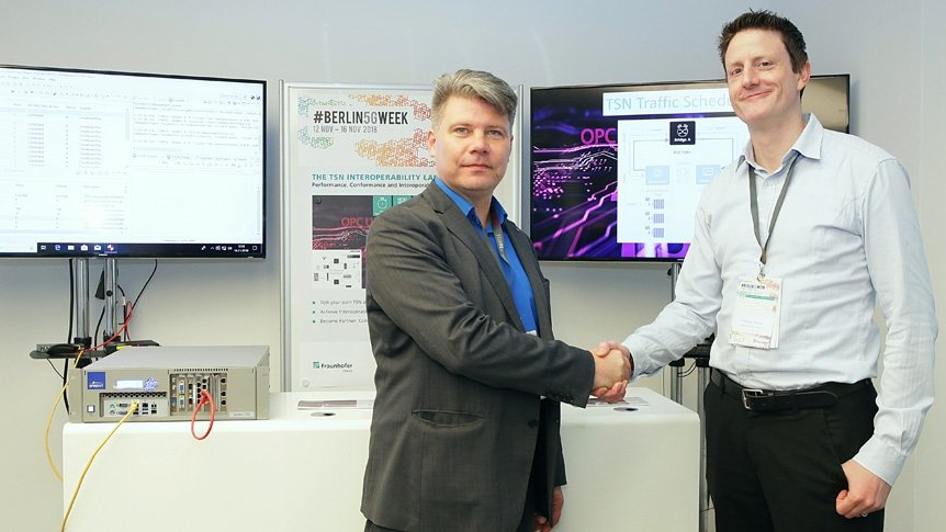 Thomas Schulze (Director of Marketing & Business Development for Automotive) and Florian Schneider (Fraunhofer FOKUS) at the Launch of TSN Interoperability Lab 