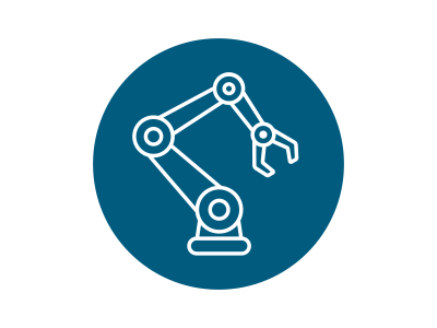 Kreis in Dunkelblau mit einem weißen Icon: Roboterarm