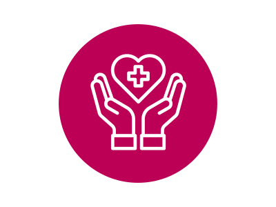 Kreis in Fucsia mit einem weißen Icon: zwie Hände halten ein Herz mit einem Kreuz